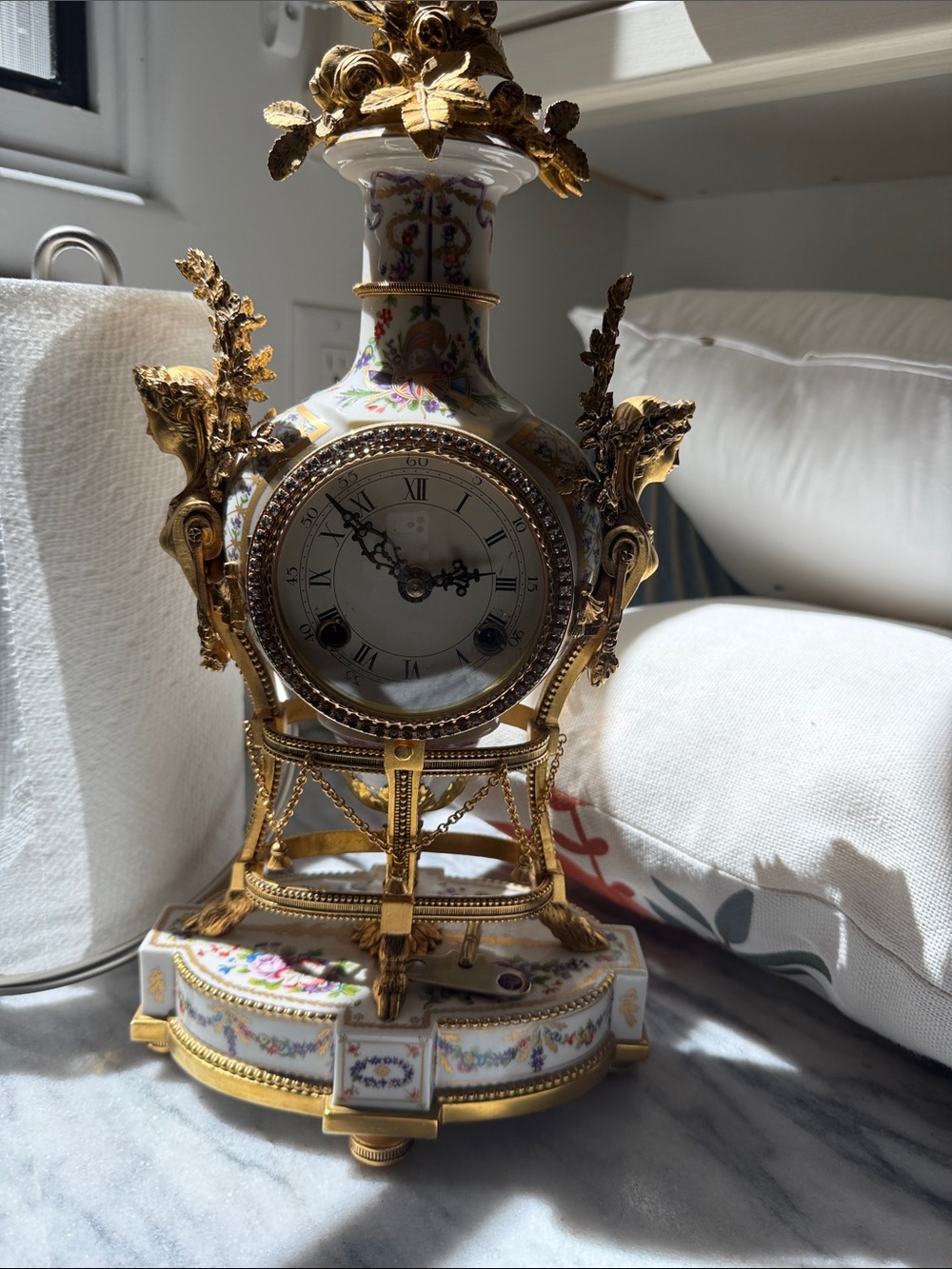 Marie Antoinette Ornate Gold and White Floral Mantel Clock by